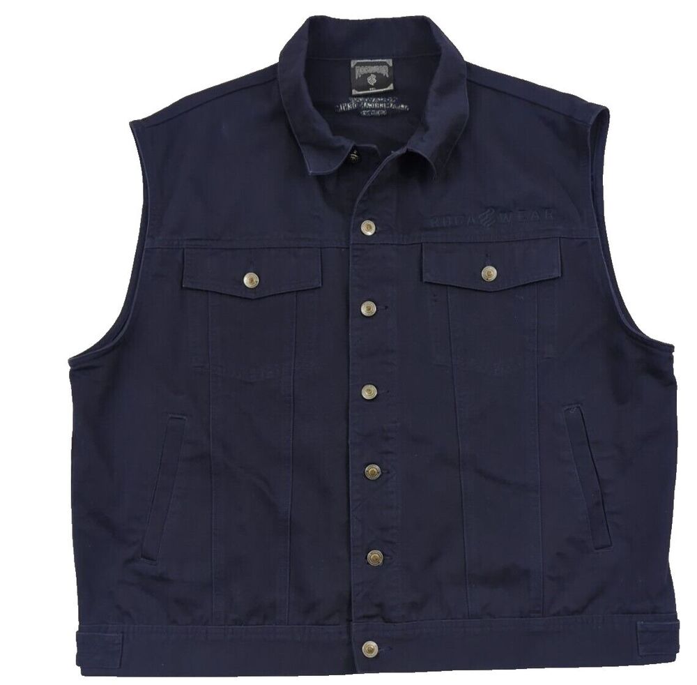 Vintage Y2K Rocawear Mens 2XL Navy Button Front Trucker Vest Hip Hop Workwear